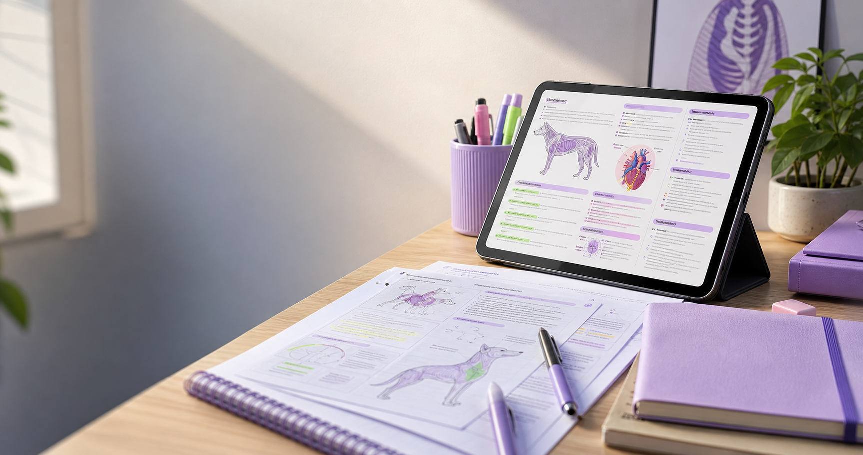 Mesa de estudos com materiais de veterinária em tons lilás